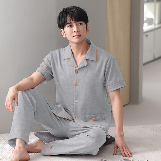 澳颜莱睡衣男士春夏季棉短袖长裤特大码中老年300斤加大码家居服 12004# 4XL 【建议140-180斤】