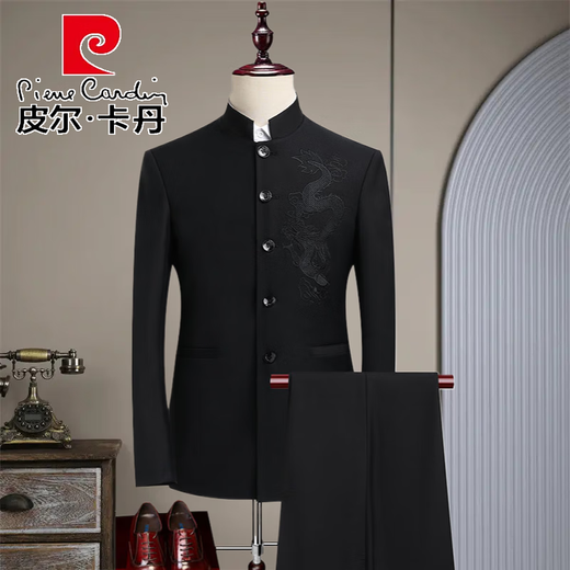 Pierre Cardin tunic suit men's suit slim embroidered dad Tang suit Chinese style dress stand collar suit two-piece gray two-piece suit XL 120135