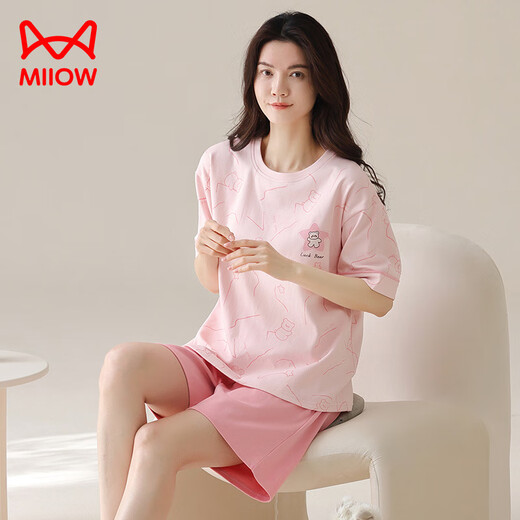 猫人（MiiOW）夏季纯棉睡衣女士2025新款短袖女款家居服大码夏天套装可外穿薄款 A9859 樱桃红 M 80-100斤】