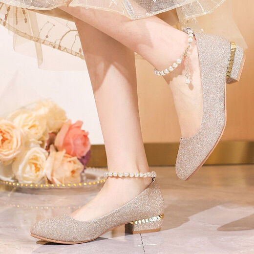 Yalso children's high-heeled shoes 10-15 years old performance girls' leather shoes high-heeled crystal single shoes girls golden model catwalk gold pearl/12cm thick heel 34
