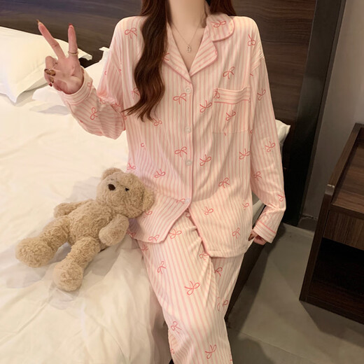 南极人皱皱布睡衣春季款甜美少女条纹长袖韩版休闲可外穿家居服套装 套KK3523# M 170 【建议80-100斤】