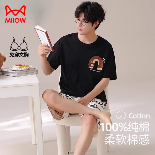 
Catman (MiiOW) pajamas men's summer pure cotton thin shorts shorts plus size summer casual home clothing suit A-844 men L