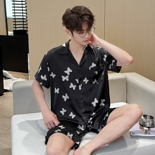 莫代尔高端新款男式睡衣夏季短袖短裤冰丝薄款凉感家居服大码套装夏天男 3899浅灰色 XL (体重141到160)