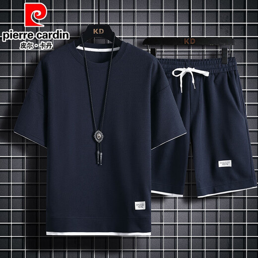 皮尔卡丹（pierre cardin）重磅华夫格短袖T恤男夏季宽松大码运动短裤套装工作服圆领透气潮 829黑色【套装】 M 100-120斤