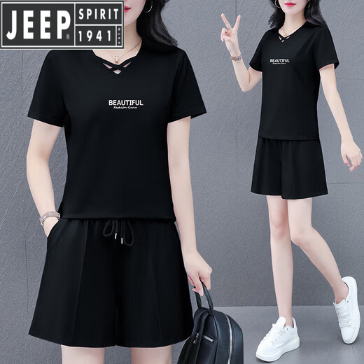 JEEP SPIRIT纯棉短袖短裤套装女2025新款夏季时髦洋气跑步灰色休闲运动两件套 灰色(粉色爱心) M(80-95斤)