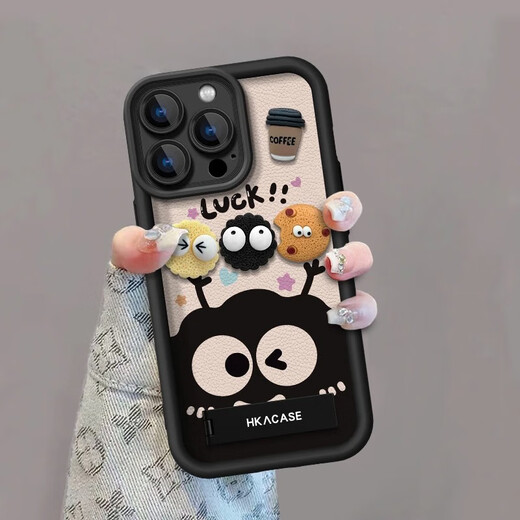 Zhisong Plüsch kleiner Kohleball Dreidimensional Doll Mobiltelefon Hülle für Apple 16 mit Bracket iPhone 15Promax Apple 13 11981-Elektroplieren großer Fenster-Schwarz-Kohlenball-Puppen iPhone 16