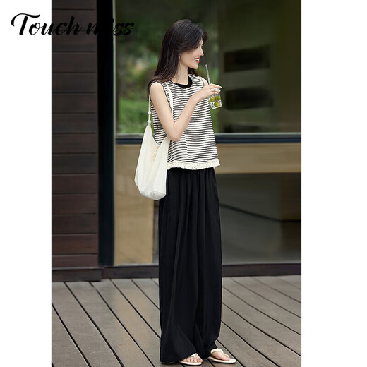 Tachimis Touch Miss Lazy Style-Anzug für Frauen 2025 Sommer neuer Stil Streifen Hohlkante Schlampe Weste Hosen Zwei-teilige weiße und schwarze L 115jin [Jin gleich 0,5 kg] -125jin [Jin gleich 0,5 kg]