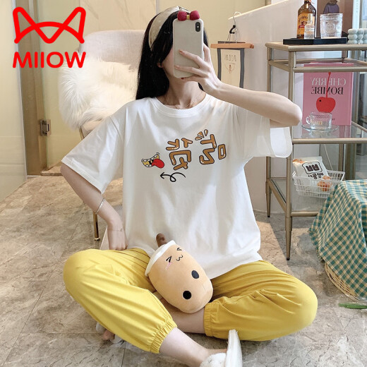 猫人（MiiOW）春秋睡衣女夏季薄款纯棉短袖长裤两件套装宽松全棉休闲女士家居服 SSM-6625 L 【95-120斤】