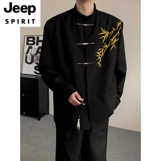 Jeep Spirit Neues chinesisches Männer Engagement Kleidung Set chinesischer Stand Halsband Zhongshan Kleidung Gold Bambus Sticker Jungenanzug Goldener Bambus schwarzer Anzug 3xl