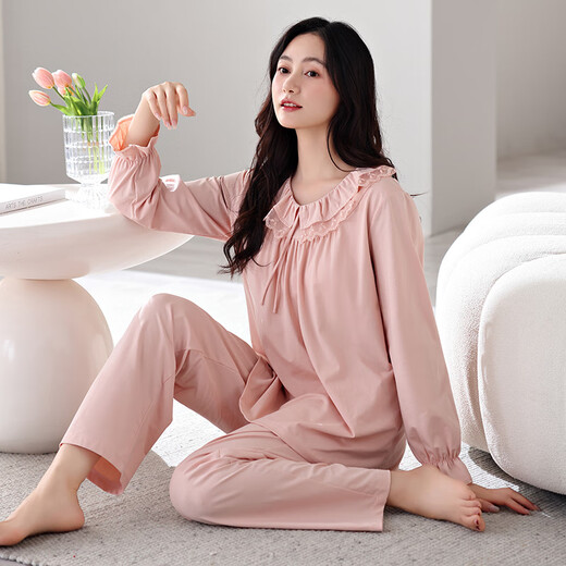 Pony-Female-Pyjamas mit Brustpolstern für Frauen im Frühjahr und Herbst reine Baumwoll-Langarm-Revers für Frauen, Mütter können Lycra-Baumwoll-Hauskleidung mit 687 Weichpulver (mit Brustpolstern) m tragen [150-160 cm/90-110jin [Jin gleich 0,5 kg]]