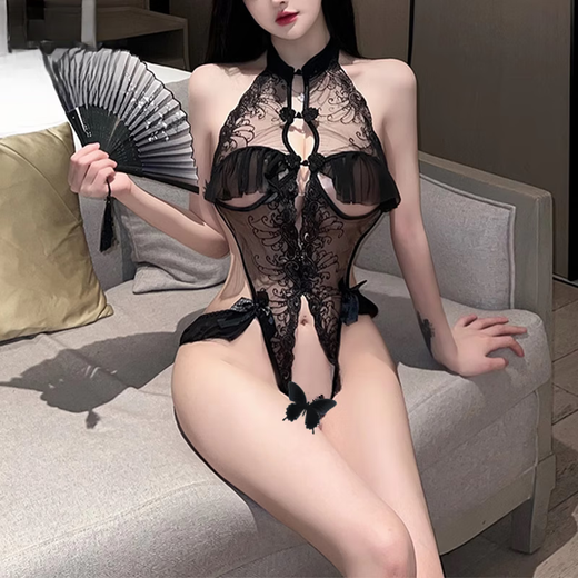 久爱性感睡衣漏乳睡裙透明紧身房事洞房战袍夫妻刺激连体衣 黑色9893【蕾丝蝴蝶结】发箍+连体衣+手环 均码_【建议体重80-120】