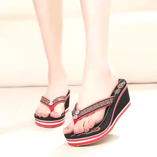 Huilijun Vietnamese flip-flops for women in summer fashion, outside wear heels wearable, anti-slip bottom beach people V-flops for women, women purple 1389 heel 6 cm high 36 standard size inner length 23 cm