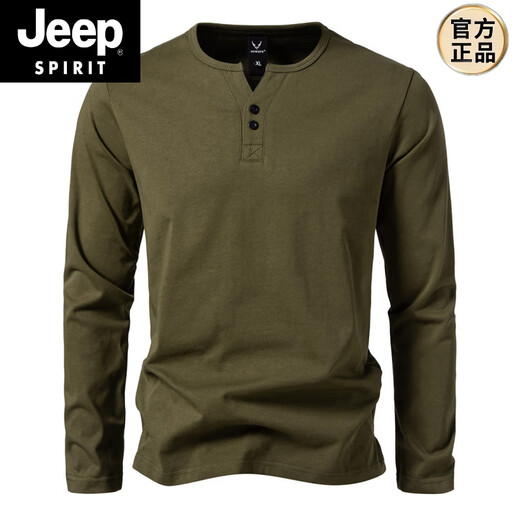 JEEP SPIRIT 300g heavy cotton large size slim henley collar long-sleeved T-shirt men's spring and autumn solid color sports fitness T-shirt military green XL