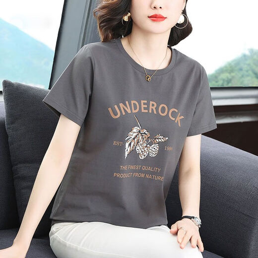 RTWK妈妈装50-60岁洋气遮肚子t恤女胖人上衣黑色短袖2025夏装新款中年 6636#焦糖色UN 2XL 建议125-140斤