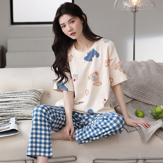 Sommer Pure Cotton Pyjamas für Frauen Kurzärärmelhosen Süßes und niedliche Frauenkleidung können draußen getragen werden und zweiteiler Anzug dünn S679 M