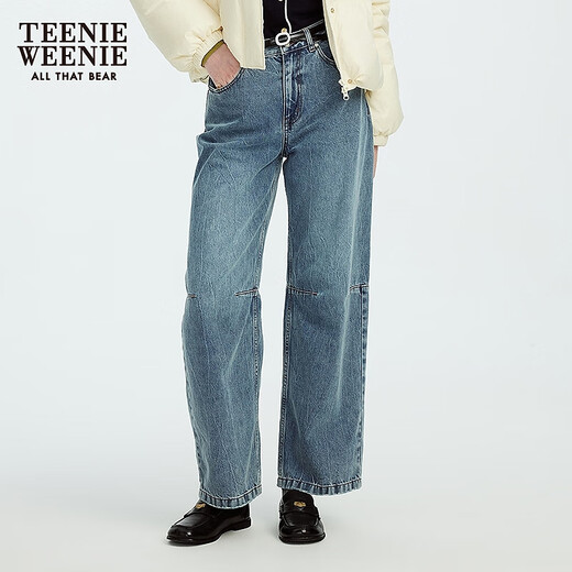 
Teenie Weenie Bear Women's Jeans 2025 Autumn New Retro Washed Slack Comfort Pants Light Blue L