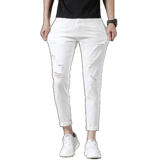 
Heyu ripped nine-point pants men short white jeans men trendy elastic slim feet 9 points 2025 black and gray 1048 nine-point pants QN [high elasticity 27 size = waist circumference 2 feet