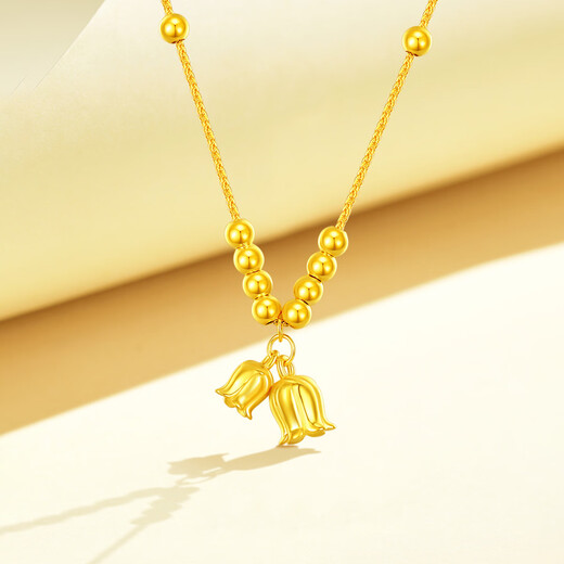 Mengjinyuan 18K gold necklace with lily of the valley and small gold beads set chain with color gold AU750 as a birthday gift for girlfriend. Weighs about 1.55g. Chain length is about 45cm.
