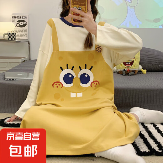 Pajama de dibujos animados para mujeres en mangas largas de otoño e invierno Versión coreana Lindo caricatura de alta gama Camisilla de noche se puede usar fuera de Spongebob Squarepants-Q16857 Women's XL