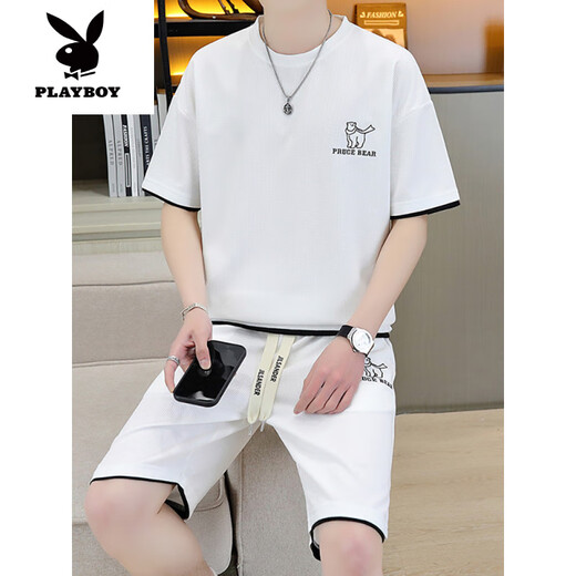 Playboy (PLAYBOY) high-end casual sports suit for men's summer shorts with breathable T-shirt for men's summer teenagers [Set] 6182 apricot color 3XL (recommended 175-195Jin [Jin equals 0.5 kg])