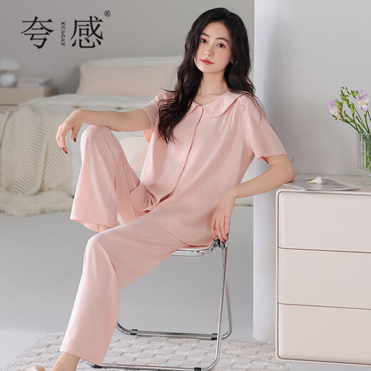 Women's summer pajamas, pure cotton thin short-sleeved trousers, women's casual loose baby doll collar, can be worn outside home clothes 698 soft pink M 155-160CM/90-110Jin Jin equals 0.5 kg
