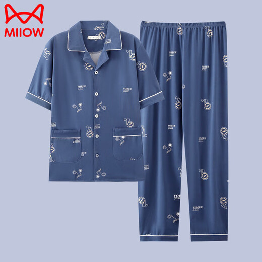 猫人（MiiOW）2025年新款男士睡衣短袖纯棉套装夏季男款长裤青少年可外穿家居服 G3884蓝色-短袖长裤 2XL [建议140-160斤]