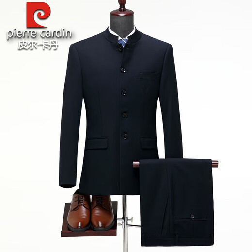 Pierre Cardin wool tunic suit for men, formal Chinese stand collar suit, new Chinese style wedding dress, Chinese style two-piece suit for men, pure black (top + pants) M 170/48
