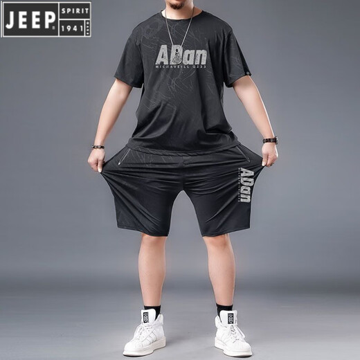 JEEP SPIRIT large-size ice silk sportswear suit for men in summer fat man plus fat plus larger quick-drying shorts shorts short sleeves T-shirt casual men's clothing black 826 set 2XL Recommended 140-160Jin [Jin equals 0.5 kg]