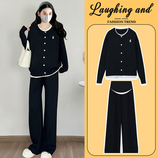 Geman maternity wear autumn suit 2025 new slim casual loose large size tops and pants two-piece knitted autumn and winter black suit L (recommended 110-125 Jin Jin equals 0.5 kg)