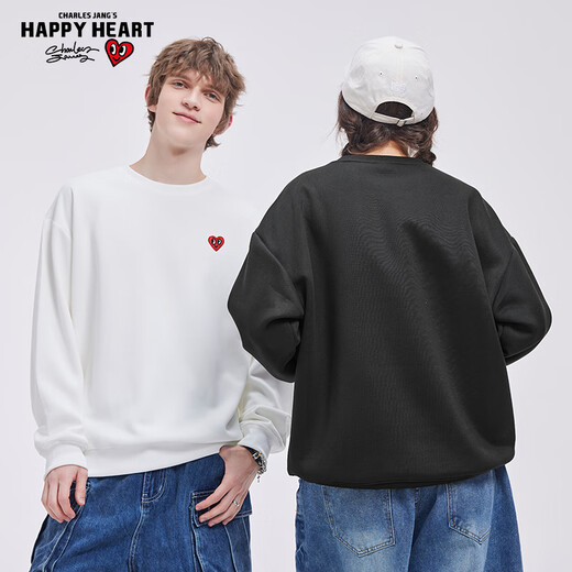 Charles Heart White Deer & Wang Churan same style sweatshirt for men and women couples same style round neck plus velvet top black plus velvet L