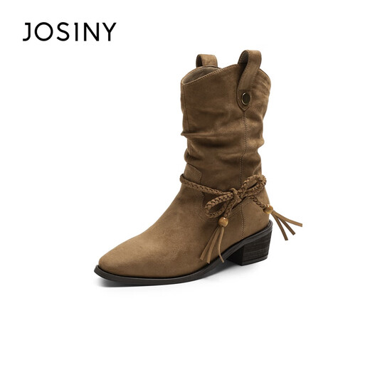 
Zhuoshini short boots for women 2025 autumn new retro beaded Maillard western cowboy boots pointed toe fold pile boots single boots Camel color - single 37