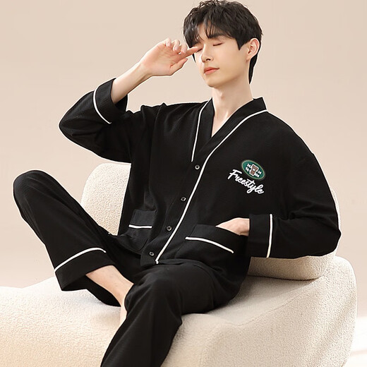 Lecho Spring and Autumn Men's Pajamas Pure Cotton Long Sleeve Two-piece Set Fall and Winter Student Leisure Loose Home Clothes Can be worn outside ls1342 L Men's Recommended 100-120Jin [Jin equals 0.5 kg]