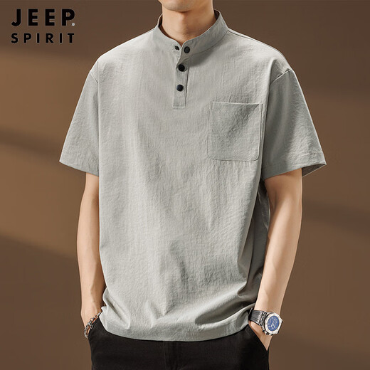 JEEP SPIRITPOLO shirt short-sleeved men's Henry collar 2025 summer thin stand-up collar quick-drying loose T-shirt Zhongshan breathable tops gray L weight range 120-140Jin Jin equals 0.5 kg