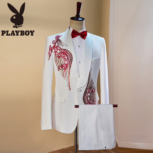 Playboy (PLAYBOY) White Embroidered Suit Singer Performance Suit Male Emcee Host Men's Chorus Dress Men's Suit Suit White Suit Jacket + Pants + Waistband + Bow Tie L Height 175 Weight 145 Jin Jin is equal to about 0.5 kg