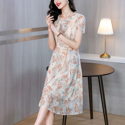 碎花连衣裙女夏新款减龄妈妈装时尚收腰显瘦气质系带网纱中长裙子 黄色绿叶 XL 建议100-110斤