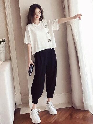 酷章（KUZHANG）胖mm哈伦裤套装女矮个子2025春夏新款洋气显瘦遮肚运动休闲两件套 黑色9928 M 建议80-100