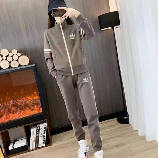 Adidas clover sportset reines Baumwoll-Sweatshirt Casual Jacket Damen Herbst und Winter Mode neuer Stil und Fleece warm warmes zweiteileres Tiefviolett Lila 100 Jin empfohlen [Jin ist 0,5 kg]