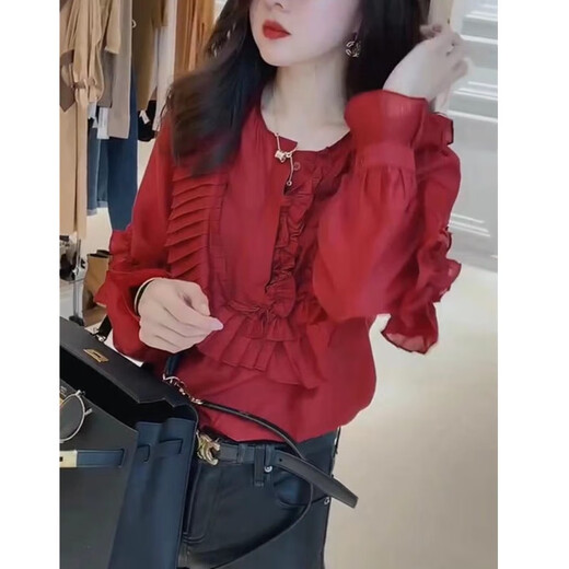 FHHUABD9857大爱美依缘2025秋季新款圆领压褶荷叶边长袖衬衫女上衣红色衫 红色上衣 M