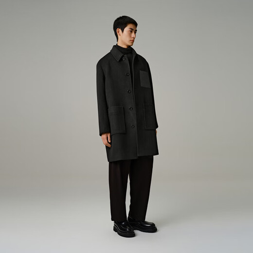 PEACEBIRD Men's Warm Wool Jacket Casual Leather Pocket Splicing Lapel Wool Coat Men's Trend Black 1 (Loose) 2XL