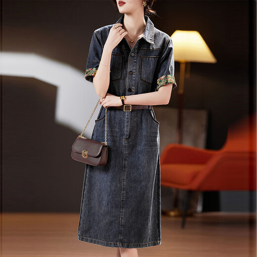 Egeangy Light Luxury Brand Kleid für Frauen 2025 Sommer neuer Stil lässig und High-End-Gefühl locker Bauchbedeckung Rock kurzärärmig Bildfarbe Hemdkragen für Gewicht 105 Jin [Jin entspricht 0,5 kg]