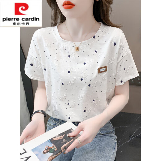 Pierre cardin pure cotton printed T-shirt for women short-sleeved summer 2025 new loose print design versatile T-shirt top trend Guangzhou Thirteen Lines 1396 white + 8201 blue grid M suitable for 100-109Jin [Jin equals 0.5 kg]
