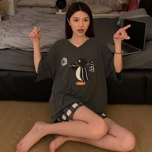 莫代尔睡衣女双面可穿夏季新款V领+圆领短袖短裤可爱家居服套装 9902w#大小企鹅 XL