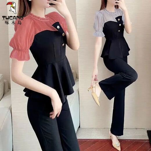 
Woodpecker 2025 new summer suit age-reducing chiffon splicing two-piece fashion celebrity temperament goddess style professional suit women fashion black top + pants two-piece set [short/sleeved] S S suggested 80-95Jin [Jin equals 0.5 kg]