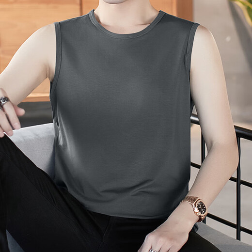 Men's round V-neck vest men's slim Korean style sleeveless vest casual sports breathable vest JS solid color sleeveless V-neck dark gray 3XL
