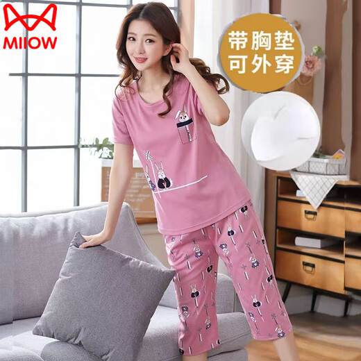 
Catman (MiiOW) comes with breast pads for women short-sleeved cropped pants pajamas summer integrated cotton set home clothing high school student dormitory with chest pad 679 barbie bear short-sleeved cropped pants M 75-95Jin [Jin equals 0.5 kg]