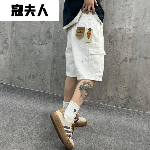 寇夫人尹小鸡 重磅水洗宽松工装大口袋白色竹节牛仔短裤五分裤男女1049 白色 M 【90-110】