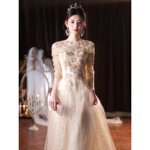 Xiaohanlu dress female high-end student champagne color evening light luxury niche celebrity fairy gauze skirt French annual party petite winter ULH8720 long style L