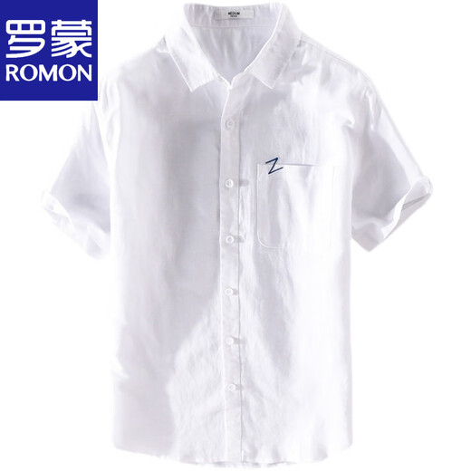 Romon Men's Men's Short à manches à manches japonais Loose Loue Été jeunesse Couleur solide COST COSTON COTTON LINEN 9711 White M Jin [Jin est égal à 0,5 kg]