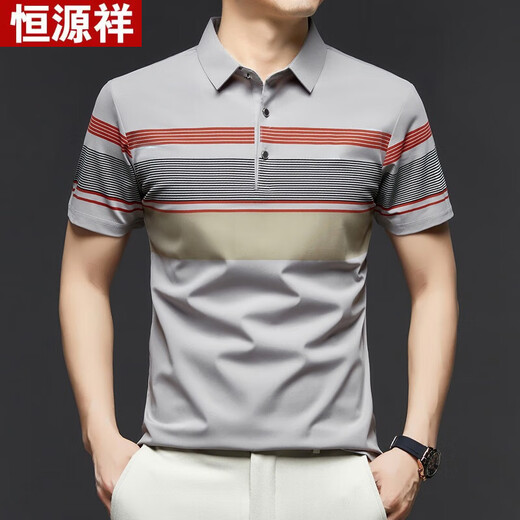 恒源祥新款男士冰丝T恤翻领凉感POLO打底衫男式短袖T恤中年爸爸夏装上衣 659米色 M 90-110斤