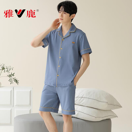 Yalu Pyjamas Herren 2025 Sommer reines Baumwoll Short Sleeve Shorts Strickjacke dünne große Größe Closer Casual Home Clothing Set Blau Grün 12801 3xl [Empfohlen 160-180jin [Jin gleich 0,5 kg] Verschleiß]